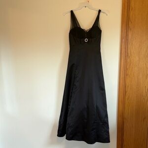 Betsy & Adam Black Satin Prom Dress with Rhinestone Ring